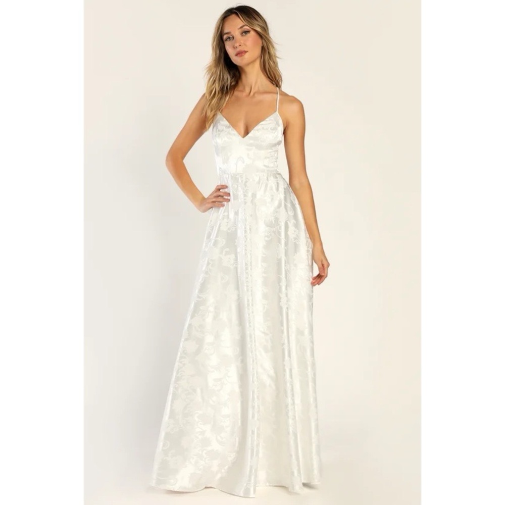NWT Lulus Dreaming About Forever White Satin Floral Jacquard Wedding Maxi Dress